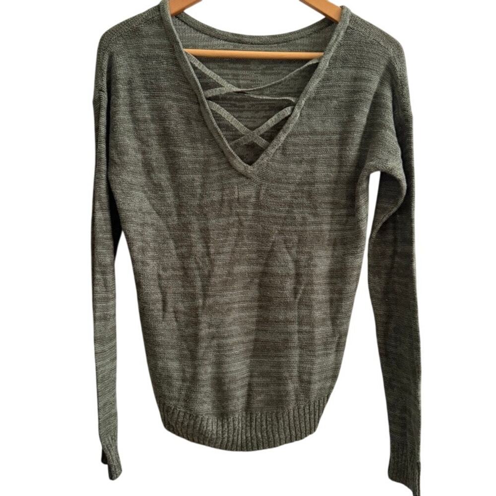 Crisscross V Neck Knit Sweater Olive Green M Chic Layering‎ Cozy Lightweight